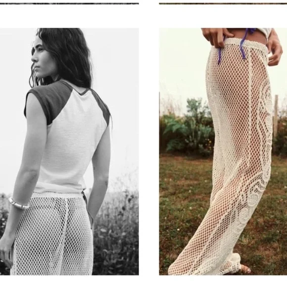 ZARA CROCHET PANTS OYSTER-WHITE Cream Crochet Pants with Blue Accents. Size M